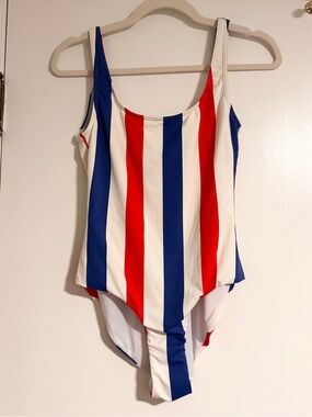 ONIA Red, White & Blue Striped One-Piece. NO SIZE listed anywhere on suit.